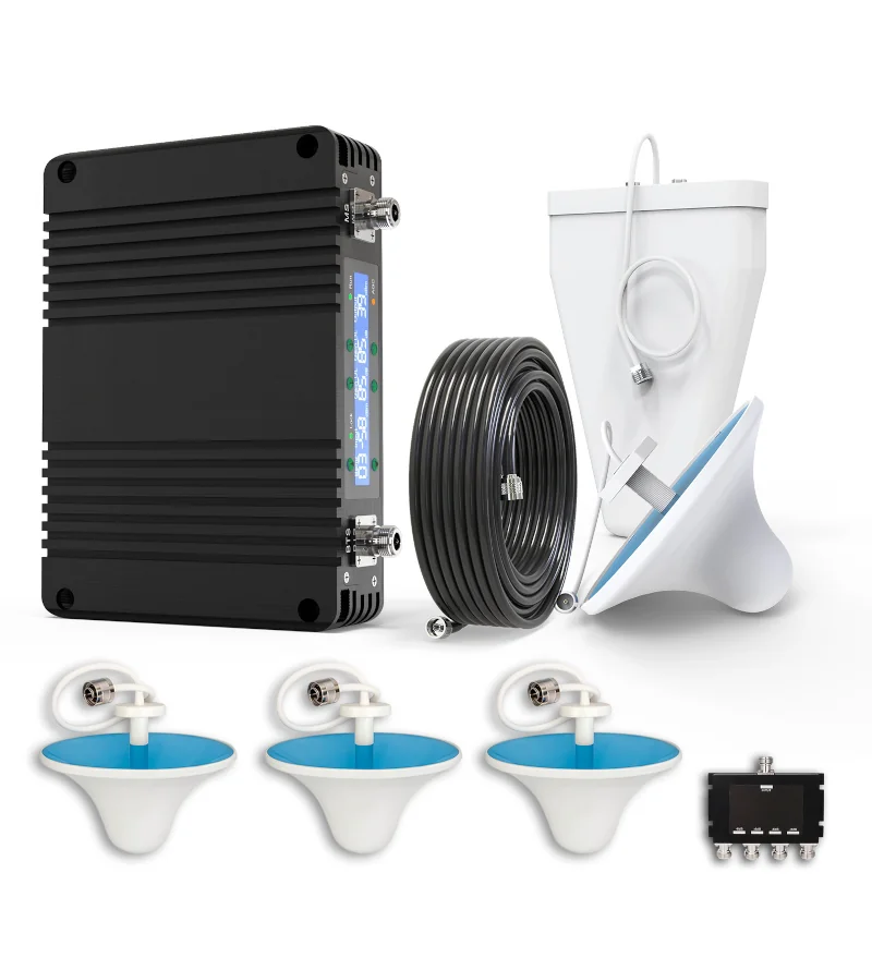 Kit amplificador de señal celular Max 27 dBm Megacall Perú con antenas y accesorios